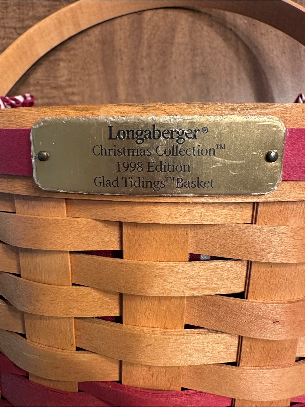 Longaberger Natural Wood Tone Basket with Red Accent Trim - Picture 3 of 4